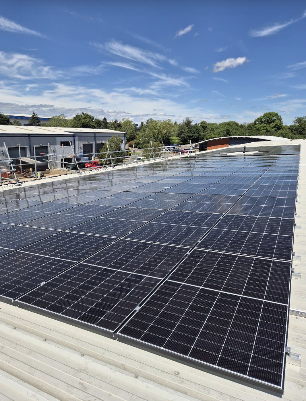 Business park installation on a profiled metal roof.