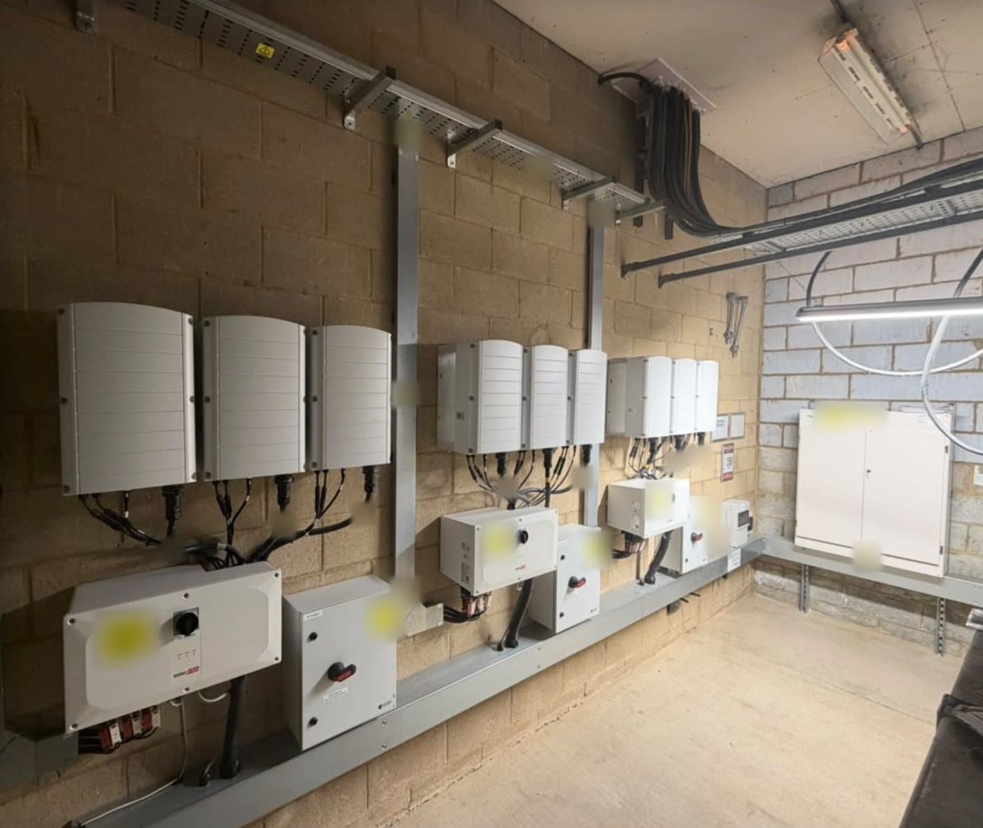 A plant room with SolarEdge inverters, isolators and containment neatly installed